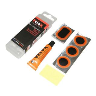 MTB inner tube repair kit - box 8 patches 25mm + 2 patches 35x25mm + 1 pacth 50x30mm + glue 5g + steel rape with instructions Velox